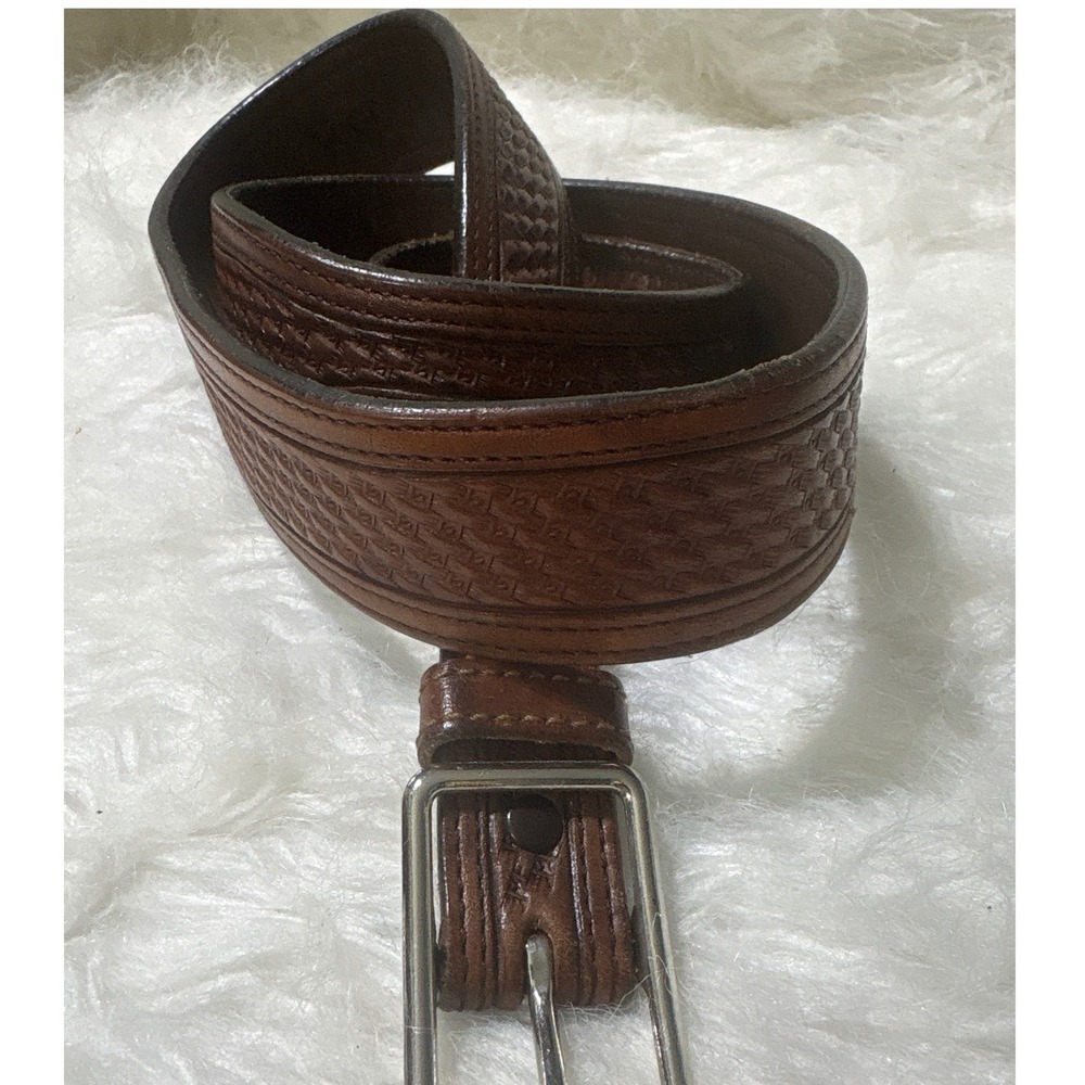 Belt Mens 34-37 Basket Weave Tooled Brown Leather Western Cowboy Excellent